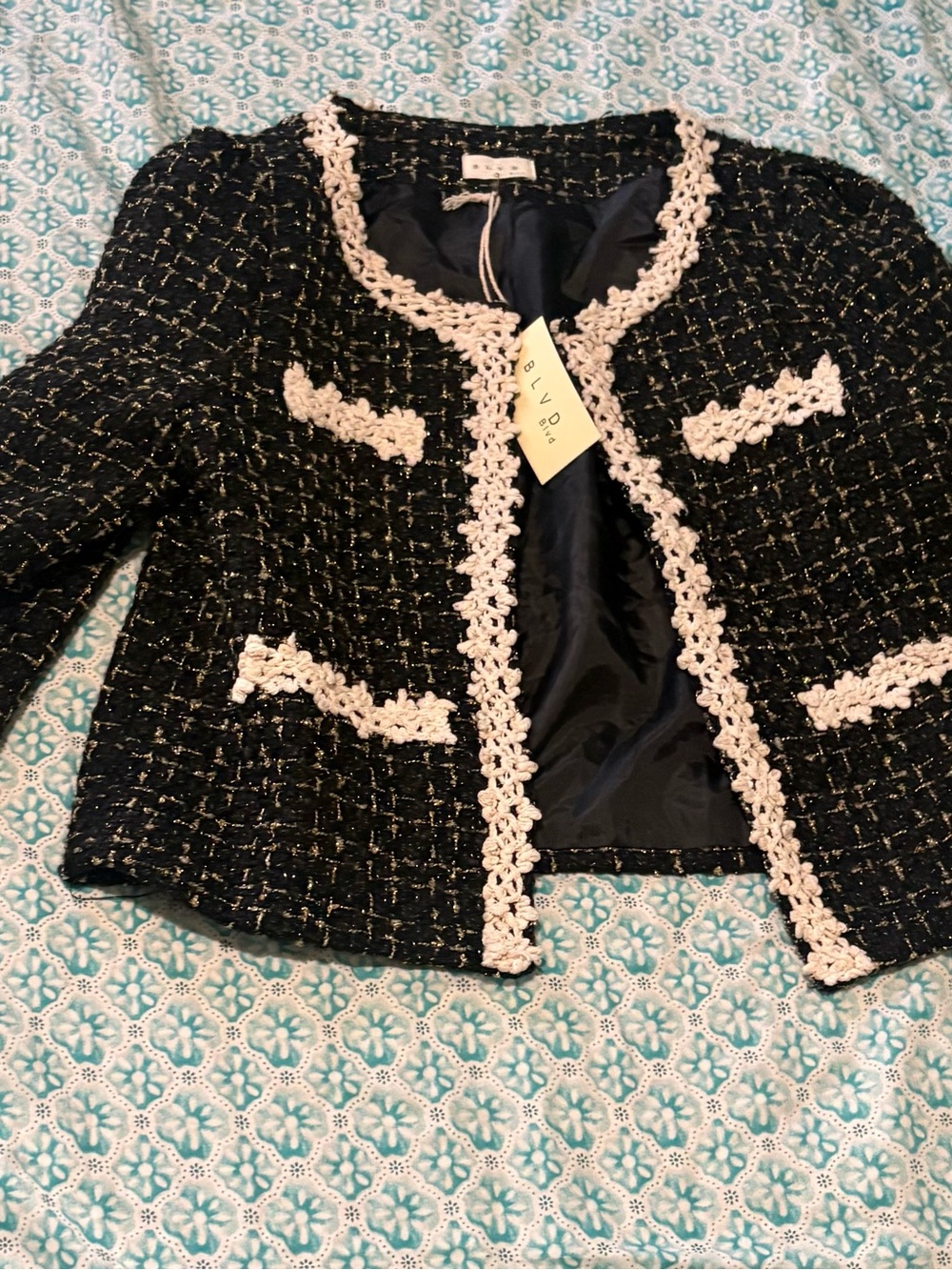 BLVD Black Tweed Jacket with Cream Crochet Trim